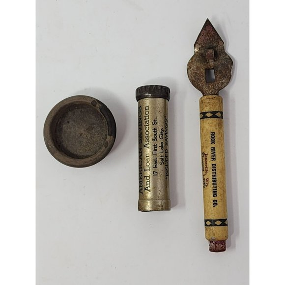 1 Advertising Dime Roller 1 Advertising Can opener 1 Small Wooden‎ Cap - Picture 1 of 6